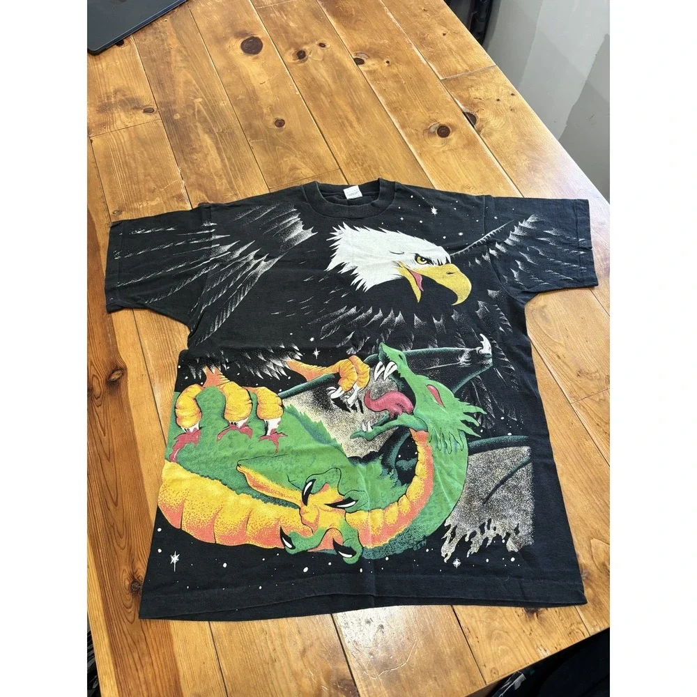 Vintage 80s Fruit of the Loom Eagle Dragon Graphic T-Shirt All Over Print XL USA